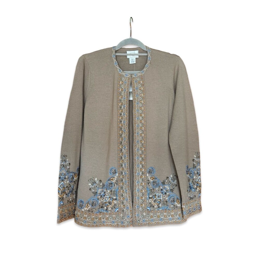 Oscar by Oscar de la Renta NWT Taupe Cardigan with Beading and Embroidery
